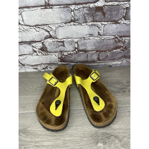 Birkenstock Gizeh Yellow Patent Leather Cork Slide Sandals Women Sz 37EU/6.5M US - Picture 15 of 16